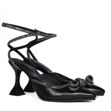 Black Pointed Toe Knotbow Fluted Heel Sandals