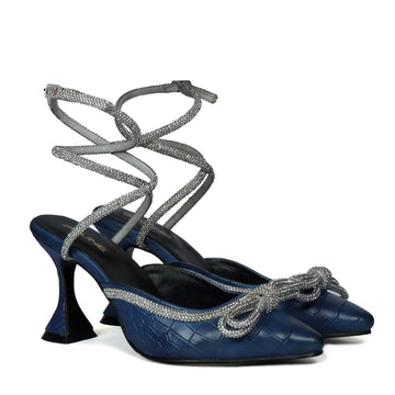 Knot-bow Blue Fluted Heel Buckled Strap Ladies Sandals