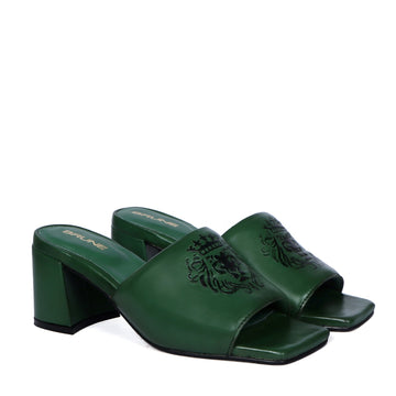 Embossed Lion Green Open Toe Blocked Heel Leather Ladies Sandal By Brune & Bareskin