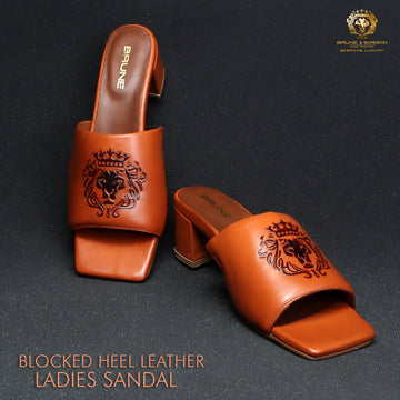 Embossed Lion Tan Open Toe Blocked Heel Leather Ladies Sandal by Brune & Bareskin
