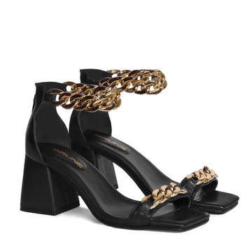 Square Toe Blocked Heel Ladies Sandals in Black Leather with Golden Chain Zip Closure