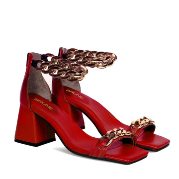 Red Blocked Heel Ladies Party Sandals with Golden Chain Closed Vintage Square Toe Zip Closure