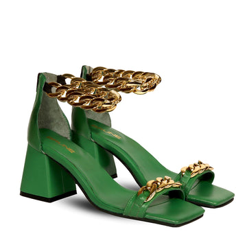 Green Blocked Heel Ladies Partywear Sandals with Golden Chain Embellishment Zipper Closure