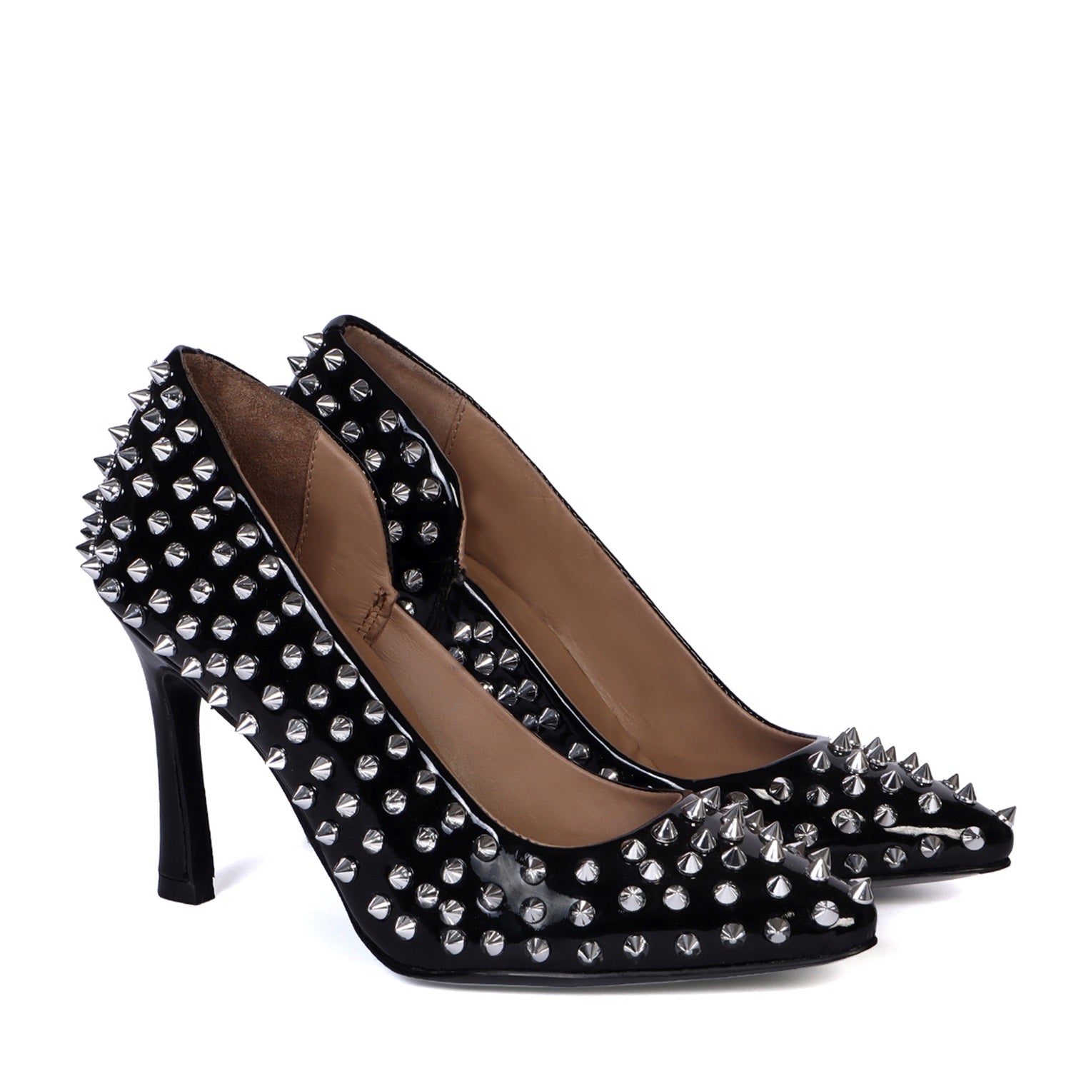 Classy Black Handmade Patent Leather Pointed Toe High Heel With Silver Studs Ladies Footwear By Brune & Bareskin