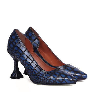 Comfort Ladies Fluted High Heel Pumps Smokey Blue Pointed Toe Croco Textured Leather Footwear By Brune & Bareskin