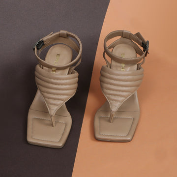 Beige Kitten Heel sandal with Flip-Flop Puffed Buckle Strap