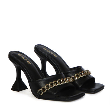 Women's Sandal With Golden Chain Embellishment Open Square Toe in Black Leather