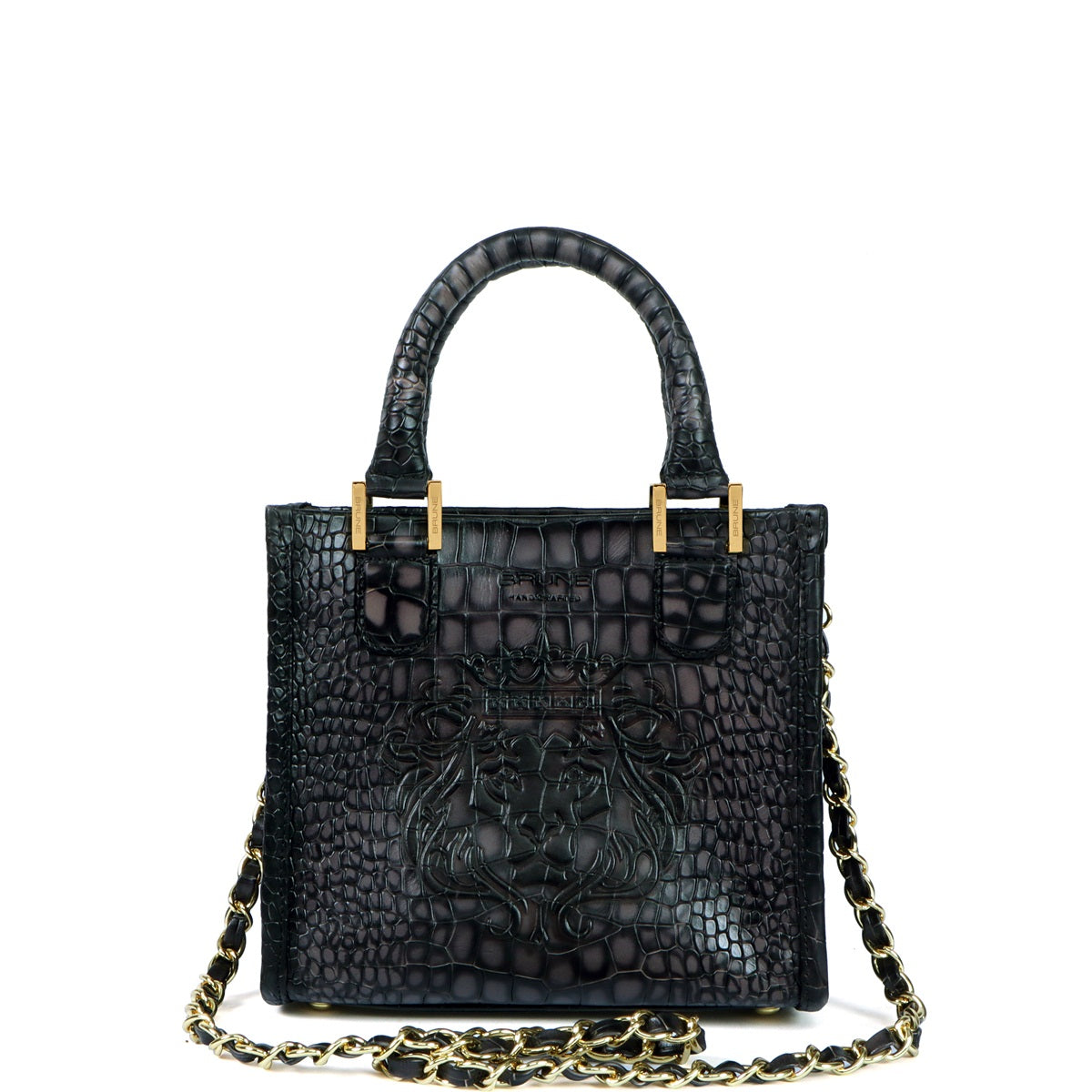 Small Size Hand Bag with Embossed Lion Smoky Grey Croco Deep Cut Textured Leather