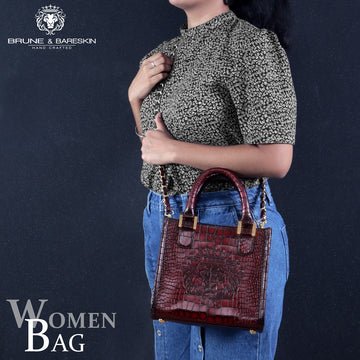 Small Size Hand Bag with Embossed Lion Smoky Wine Croco Deep Cut Textured Leather