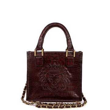 Small Size Hand Bag with Embossed Lion Smoky Wine Croco Deep Cut Textured Leather