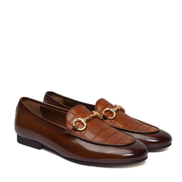 Brown Brush Off Leather Loafers with Tan Deep Cut Croco Leather at Vamp for Ladies by Brune & Bareskin