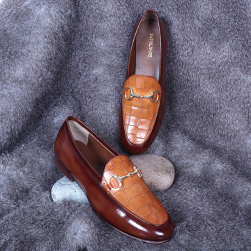 Brown Brush Off Leather Loafers with Tan Deep Cut Croco Leather at Vamp for Ladies by Brune & Bareskin