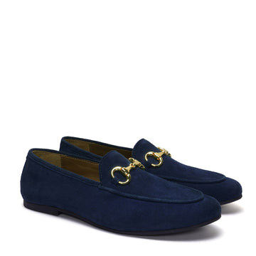 Navy Blue Suede Leather Slip-On Shoes For Women with Horse-Bit Buckle