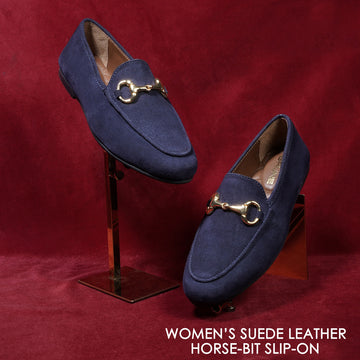 Navy Blue Suede Leather Slip-On Shoes For Women with Horse-Bit Buckle