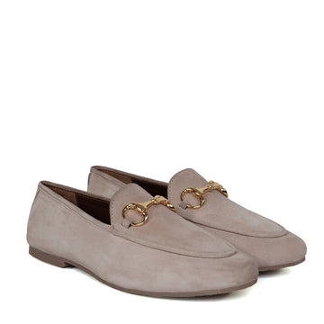 Beige Slip-On Shoes For Women in Suede Leather
