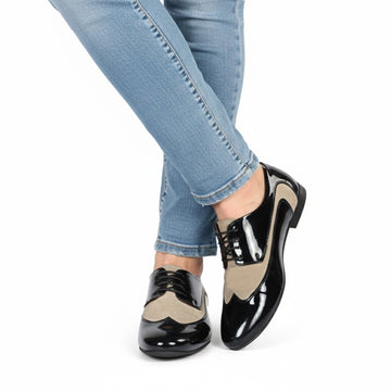 Women's Hand-Crafted Beige Suede & Black Patent Formal Shoes