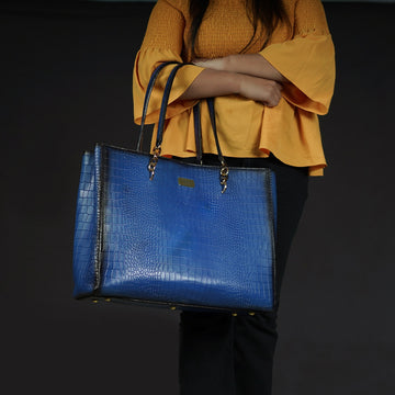 Large Deep Cut Textured Blue Leather Handbag