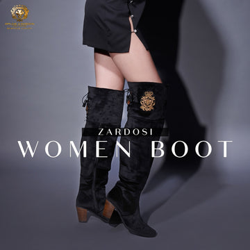 Knee Height Black velvet Long Boots with Top Laces Handmade Honey Bee Crest Zardosi By Brune & Bareskin