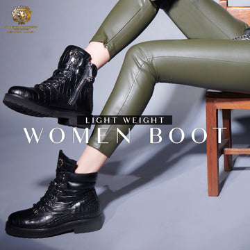 Women Light Weight Biker Boots in Black Deep Cut Croco Textured Leather By Brune & Bareskin