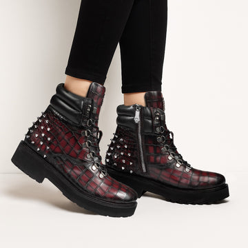 Women Light Weight Biker Studd Chunky Boots in Wine Deep Cut Croco Leather