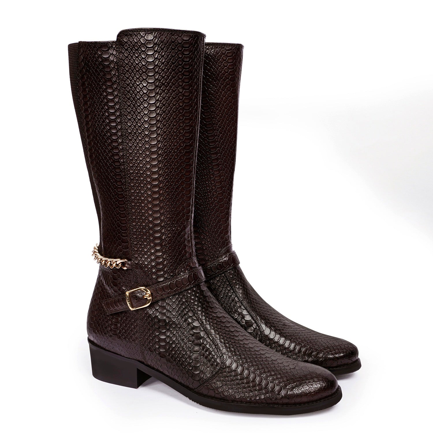 Snake Textured Golden Chain with Buckle & Zip Closure Leathe Boots
