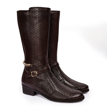 Snake Textured Golden Chain with Buckle & Zip Closure Leathe Boots