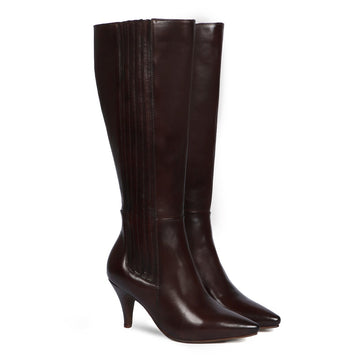 Knee-Height Leather Ladies Boots with Dark Brown Pointed Toe Kitten Heel
