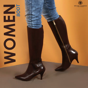 Knee-Height Leather Ladies Boots with Dark Brown Pointed Toe Kitten Heel