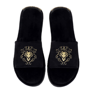 Embroidered Lion Logo Black Two Tone Full Velvet Women Slippers By Brune & Bareskin