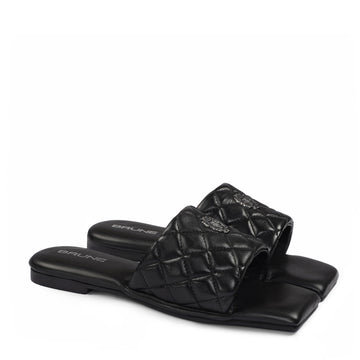 Women's Black Leather Squired Toe Quilted Strap Comfy Slide-in Slippers By Brune & Bareskin