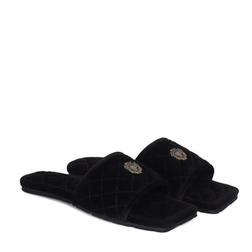 Black Full Quilted Stitched Squared Toe Italian Velvet Slide-in Slippers With Lion Logo By Brune & Bareskin