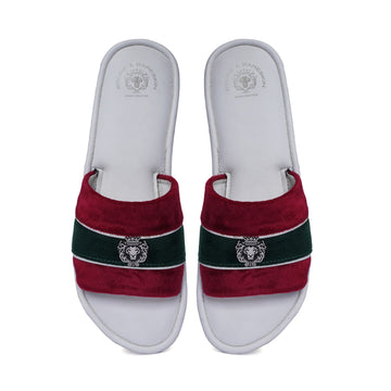Women's Red & Green Velvet Strap White Leather Slide-in Slippers by BRUNE & BARESKIN