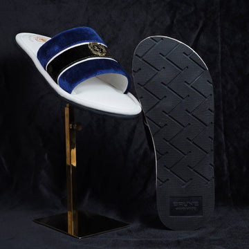 Women's Blue & Black Velvet Strap White Leather Slide-in Slippers by BRUNE & BARESKIN