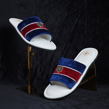 Women's Blue & Red Velvet Strap White Leather Slide-in Slippers by BRUNE & BARESKIN