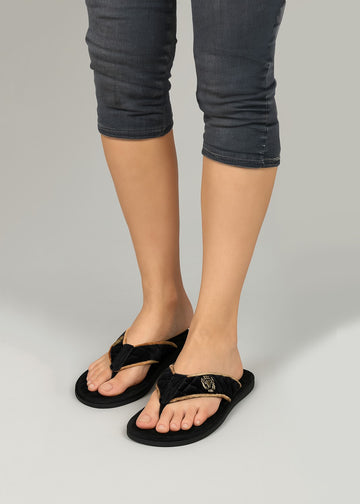 Women's V Strap Black Diamond Stitched 3D Lion Logo Velvet Slippers