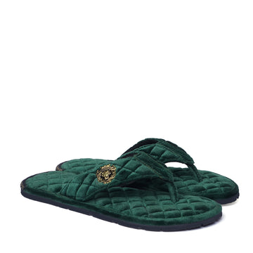 Women V-Strap Green Full Quilted Soft Italian Velvet Slippers By Brune & Bareskin