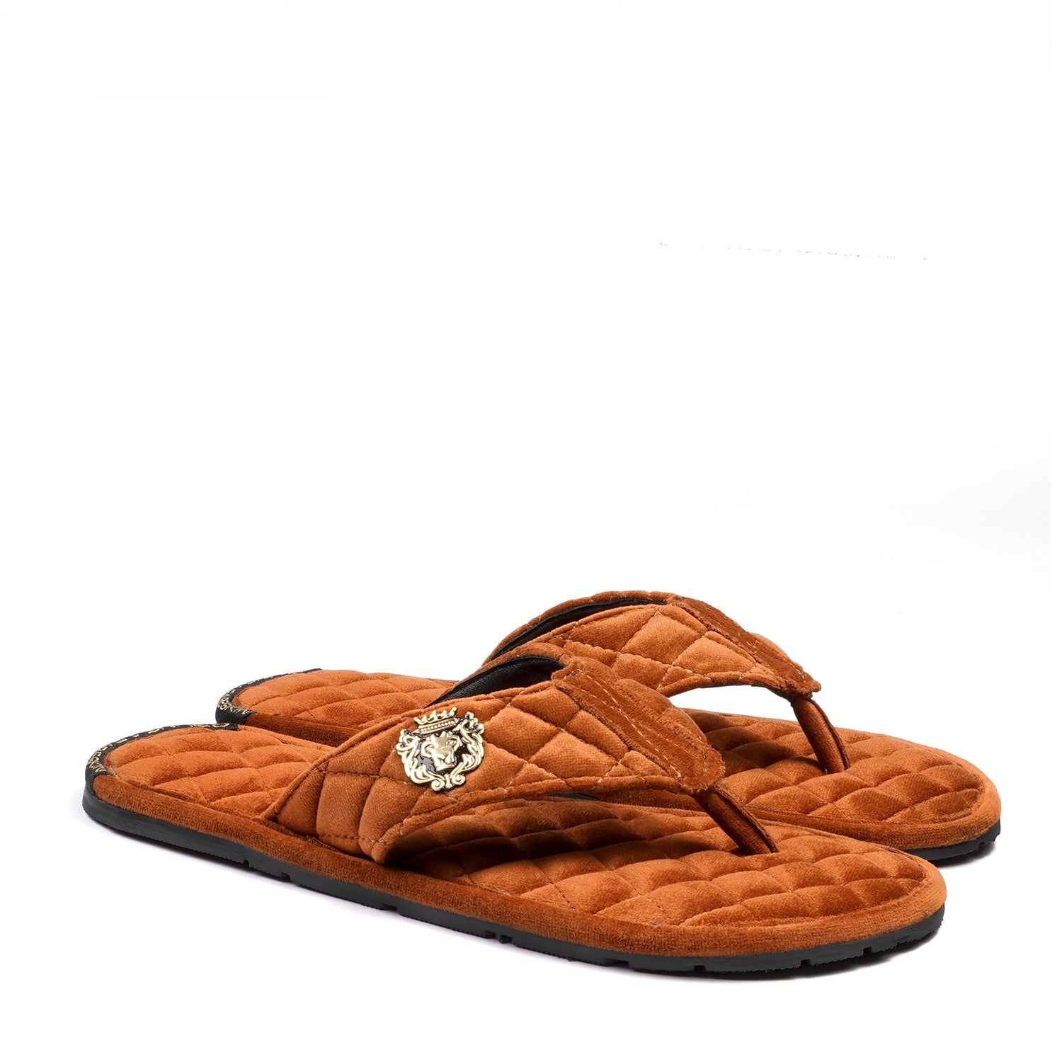 Women V-Strap Tan Full Diamond Stitched Soft Italian Velvet Slippers