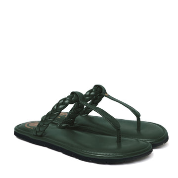 Women's Green Leather Knotted T-Strap Slippers by Brune & Bareskin