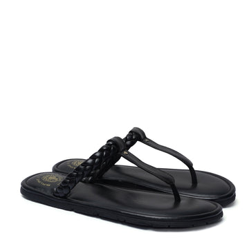 Women's Black Knotted T-Strap Slippers By Brune & Bareskin