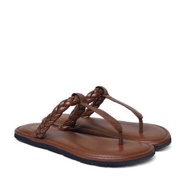Women's Tan Knotted T-Strap Slippers By Brune & Bareskin