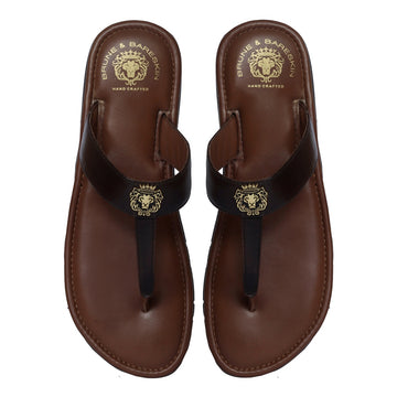 Metal Lion Dark Brown T-Strap Genuine Leather Slide-in Slippers