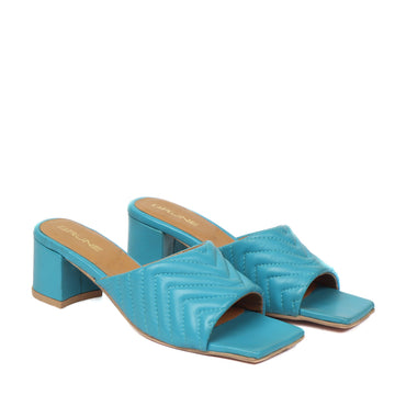 Women's Sky Blue Leather Squared Toe Wavy Cut Strap Slide-in-Slippers