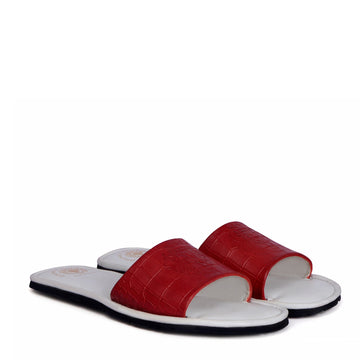 Dual Color Deep Cut Croco Print Red/White Leather Slide-In-Slippers For Ladies by Brune & Bareskin