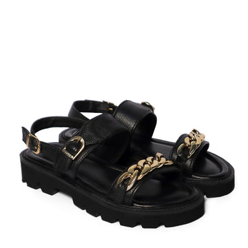 Black Sandal With Golden Finish Chain Embellished