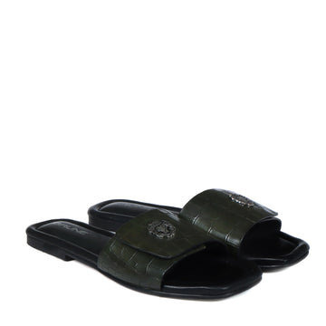 Velcro Adjustable Strap Slide In Slipper Croco Deep Cut Textured Dark Green Leather