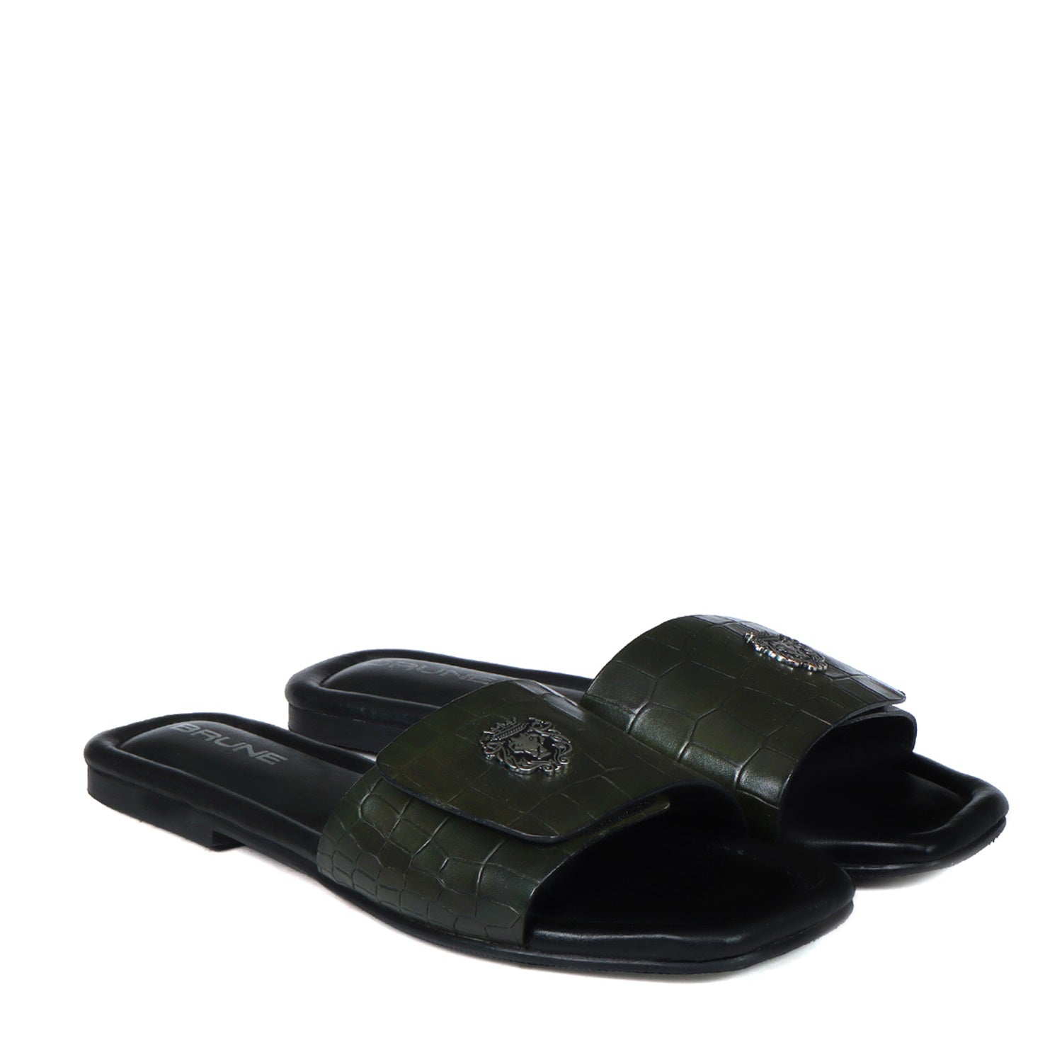 Velcro Adjustable Strap Slide In Slipper Croco Deep Cut Textured Dark