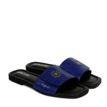 Women's Freeway Slide In Slipper Velcro Adjustable Strap Blue Croco Deep Cut Textured Leather