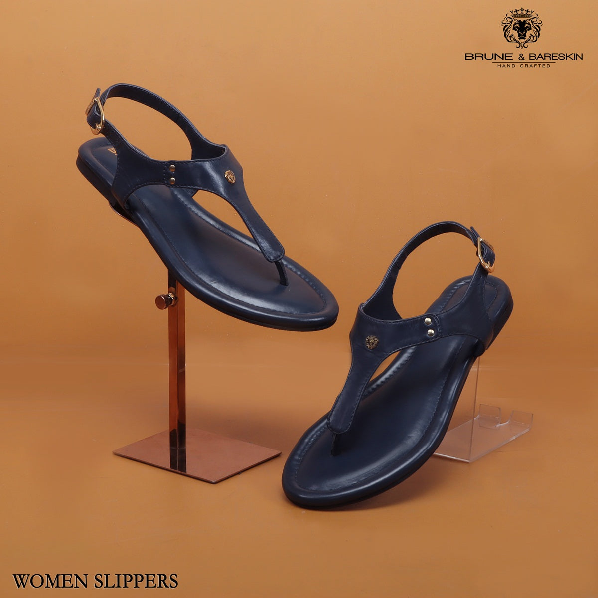 T-Strap Ladies Sandal in Navy Blue Leather - Main Image