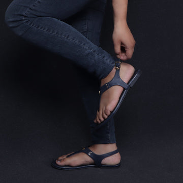 T-Strap Ladies Sandal in Navy Blue Leather