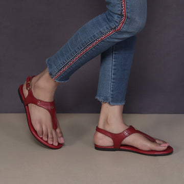 Wine Leather T-Strap Sandal with Toe Separator Loop Buckle